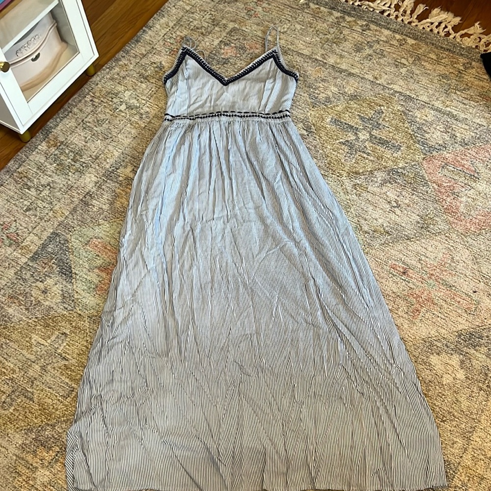 Blue and white striped maxi dress